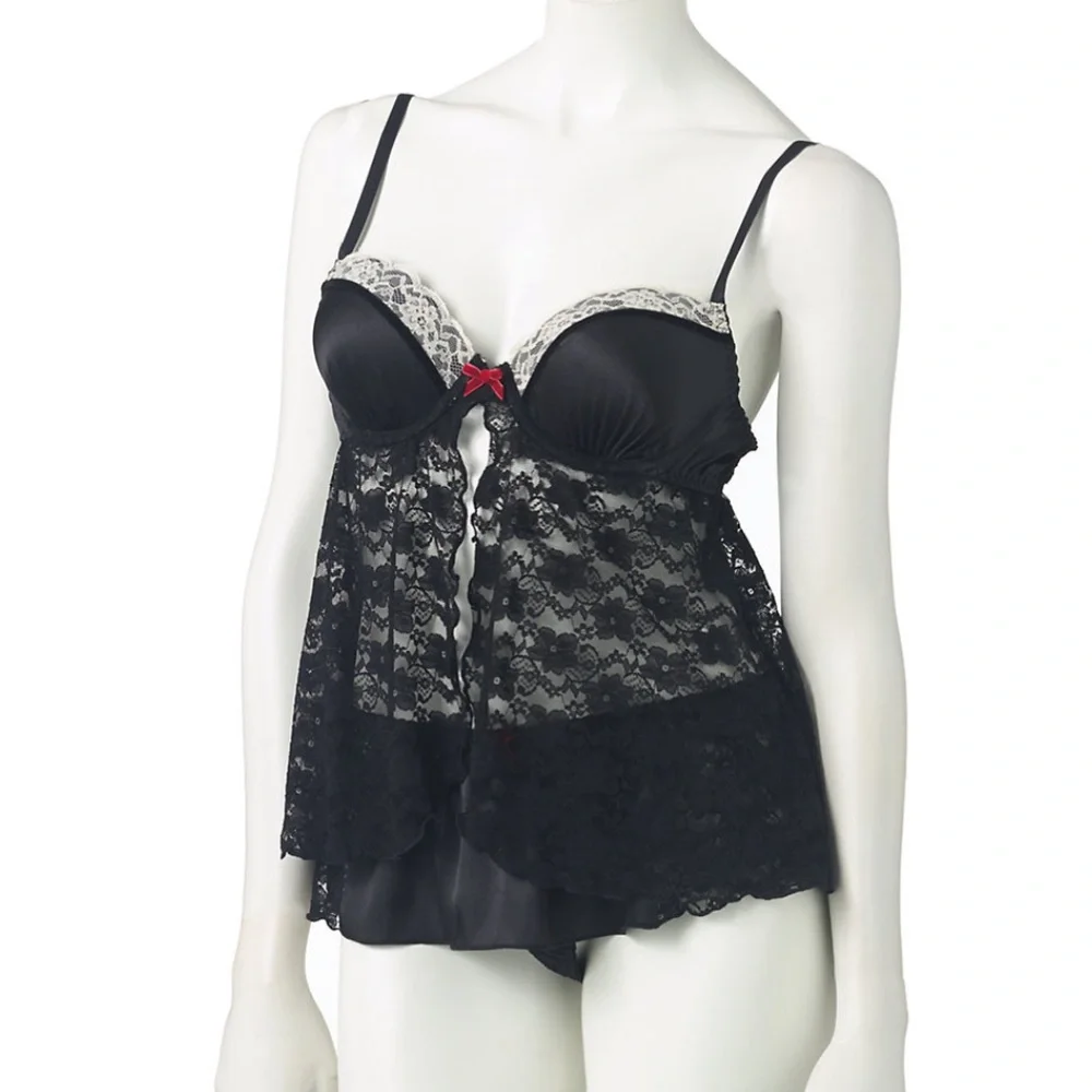 Black w/ Cream Trim Lace Babydoll Lingerie Set with Red Bow